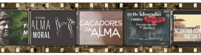Uma faixa horizontal que simula uma fita de filme antiga em tons marrom e bege. A faixa contém cinco pôsteres de filmes relacionados a temas sociais e políticos dirigidos pelo documentarista brasileiro Sílvio Tendler em sequência.